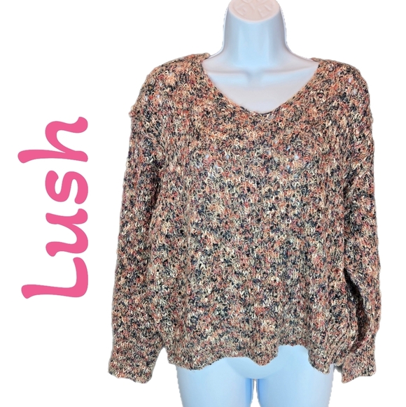 Lush Long Sleeve Sweater Sz S Multicolor Loose Knit Exposed Seams V-Neck Cozy - Picture 1 of 11